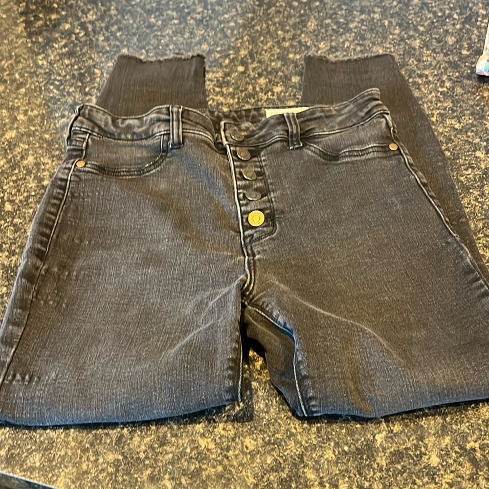 Pistola jeans button fly raw hem washed black ankle jeans